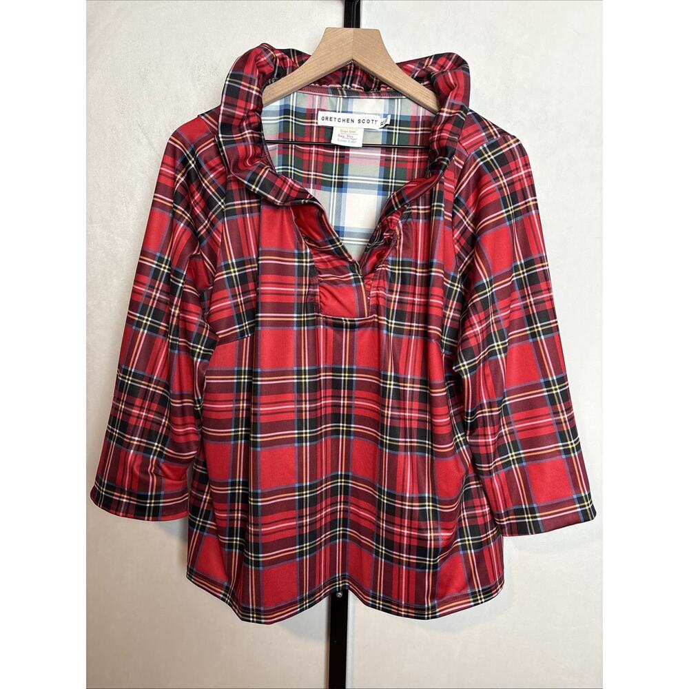Gretchen Scott Ruffneck Top Womens XL Red Plaid 3/4 Sleeve Contrast Cuff Festive - Picture 2 of 11